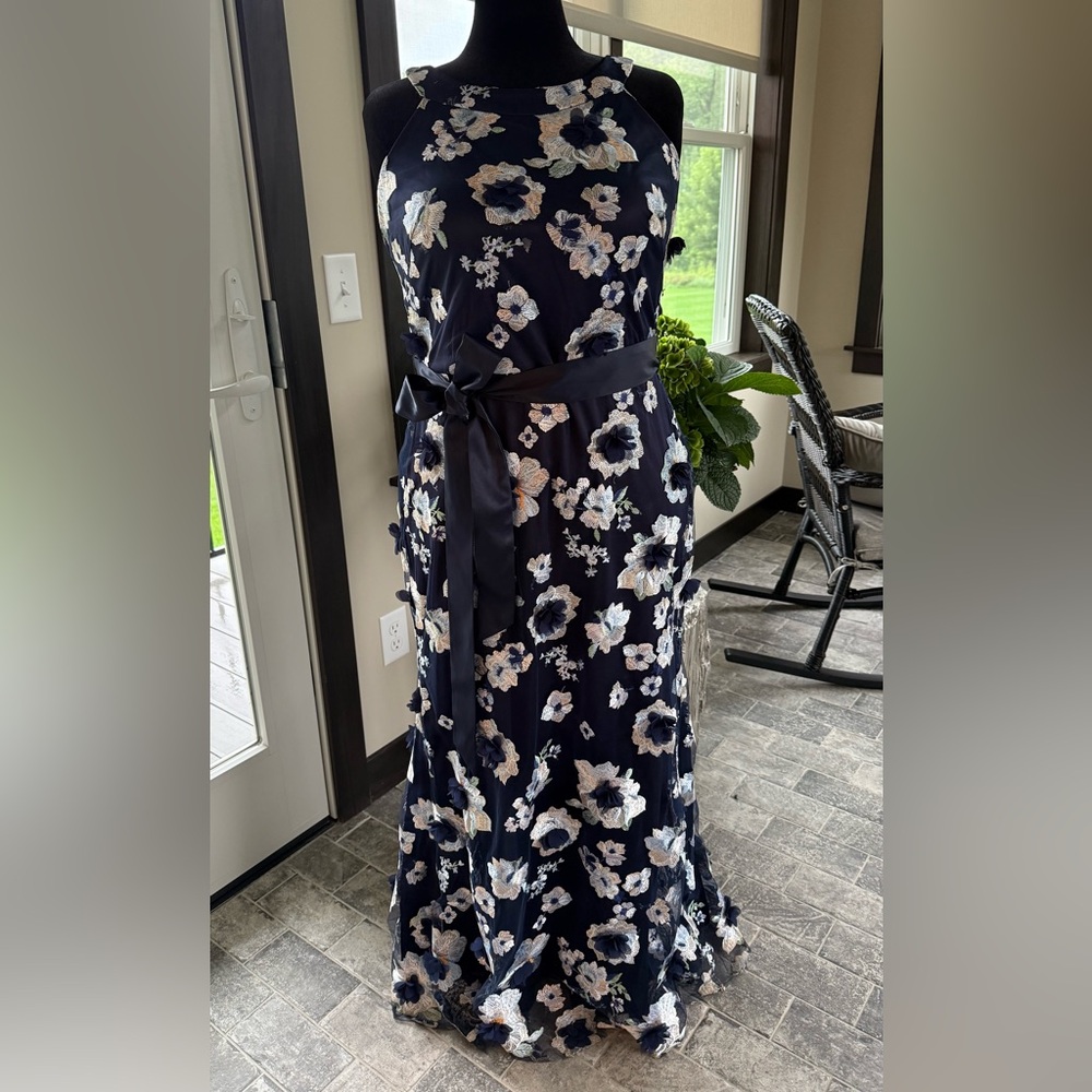 Eliza J Navy 3D Floral Embroidered Mesh Halter Neck Sleeveless Tie Front Gown